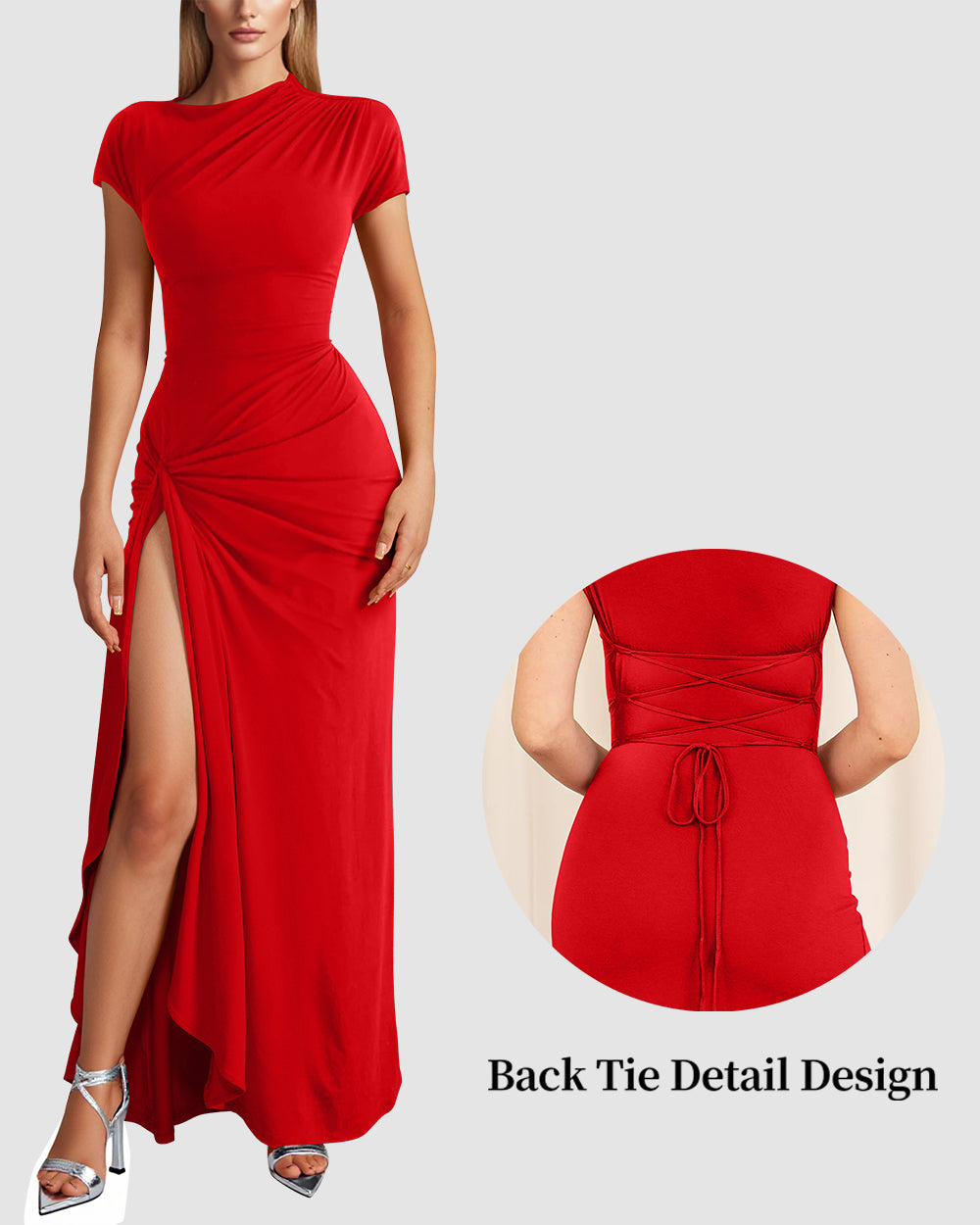 Short Sleeve Ruched High Split Bodycon Long Party Dress de OQQ