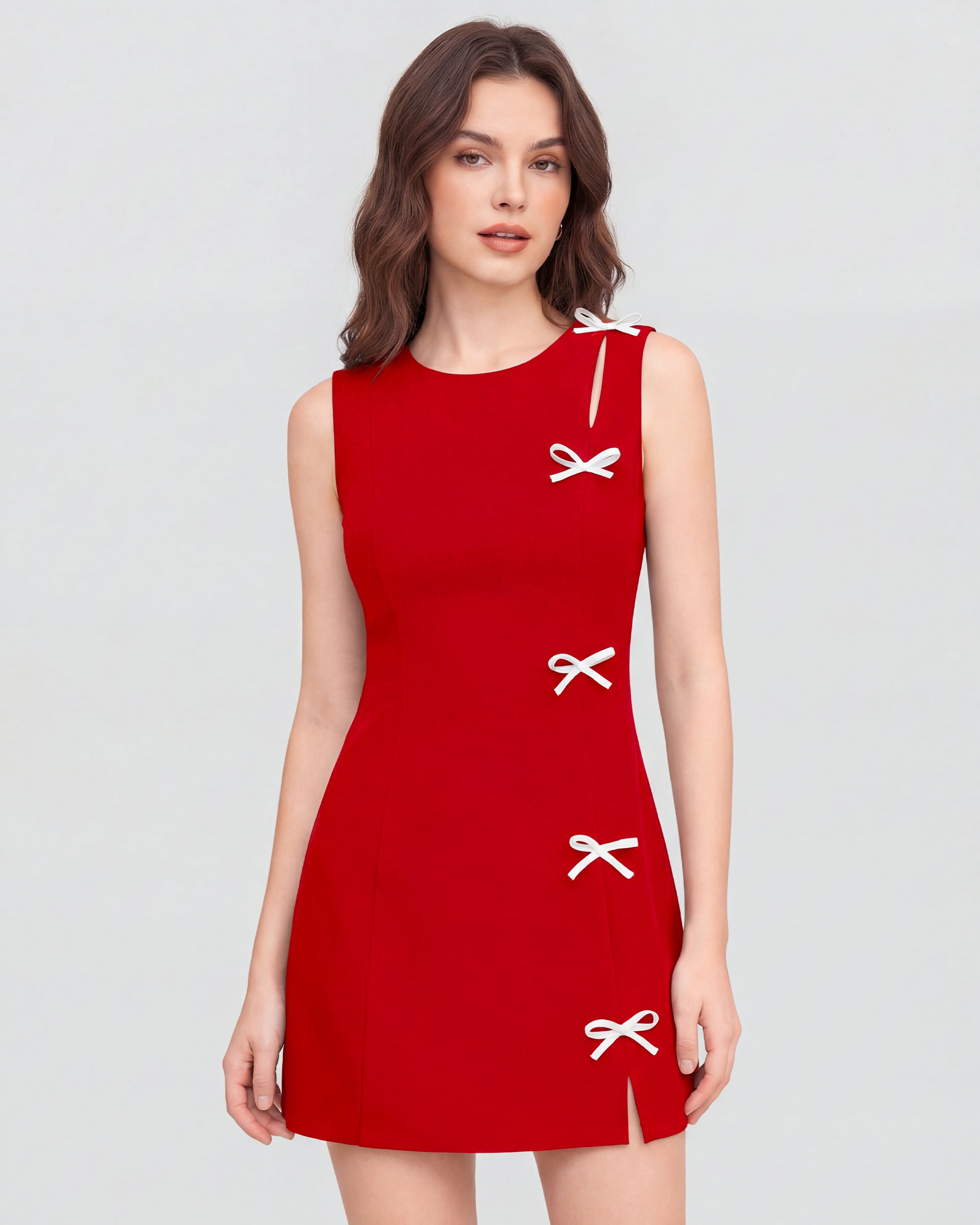 A-Line Mini Dress with White Bow Accents