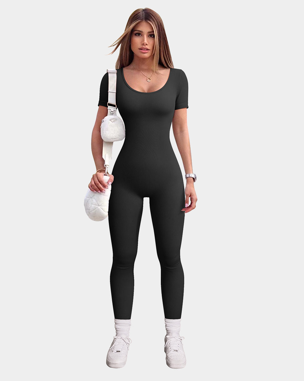 Ribbed Short Sleeve Tops Jumpsuits de OQQ