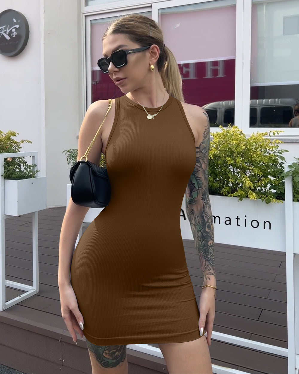Ribbed Halter Neck Dresses Beige / M Ribbed Halter Neck Dresses Beige / M