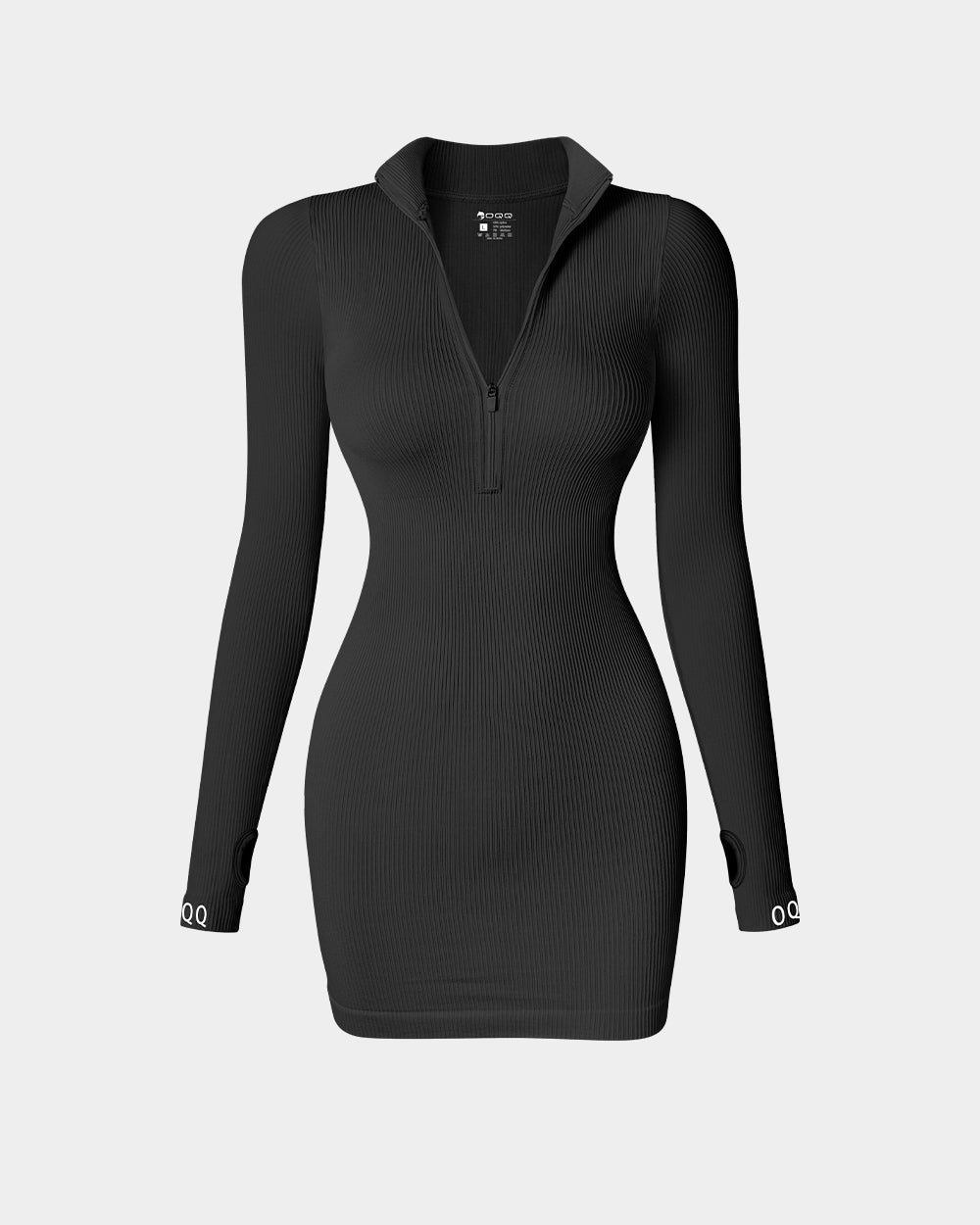 OQQ Zip Front Long Sleeve Mini Dress Black Darkgrey / XL