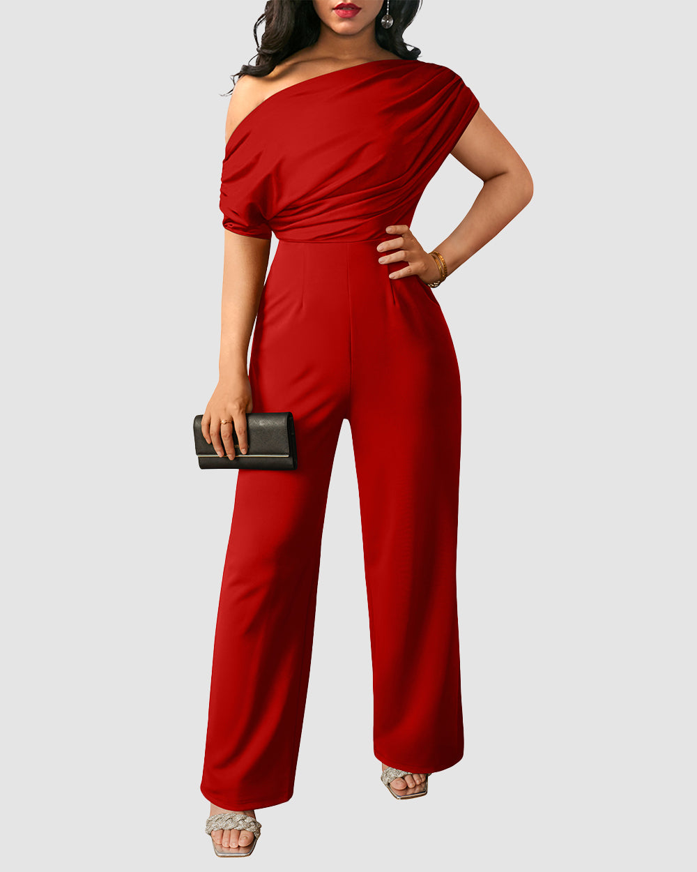 Off-the-Shoulder Ruched Waist Wide-Leg Jumpsuit de OQQ