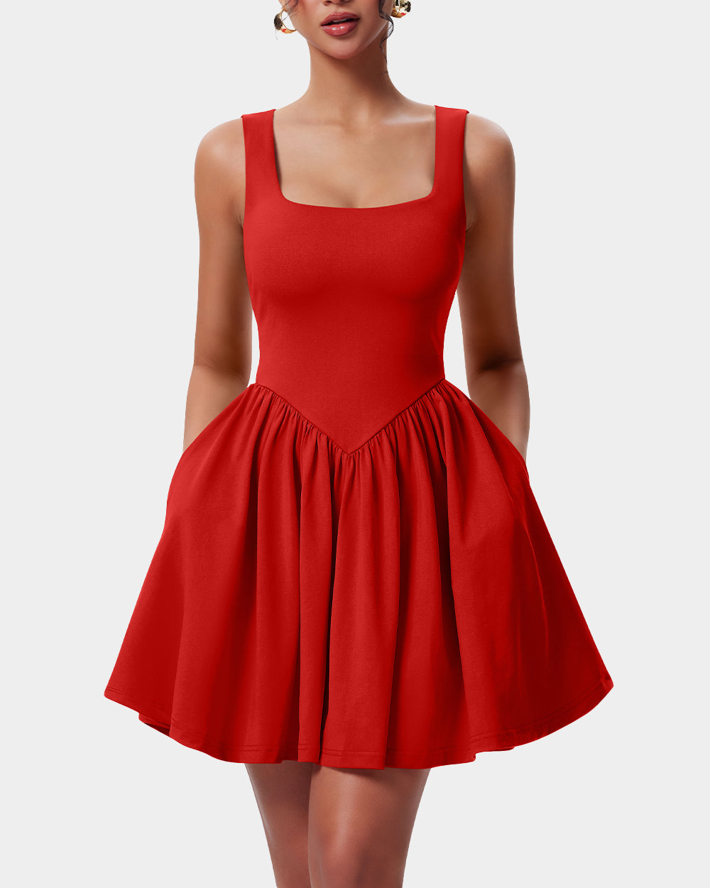 Square Neck Sleeveless Flared Mini Dress with Pockets de OQQ