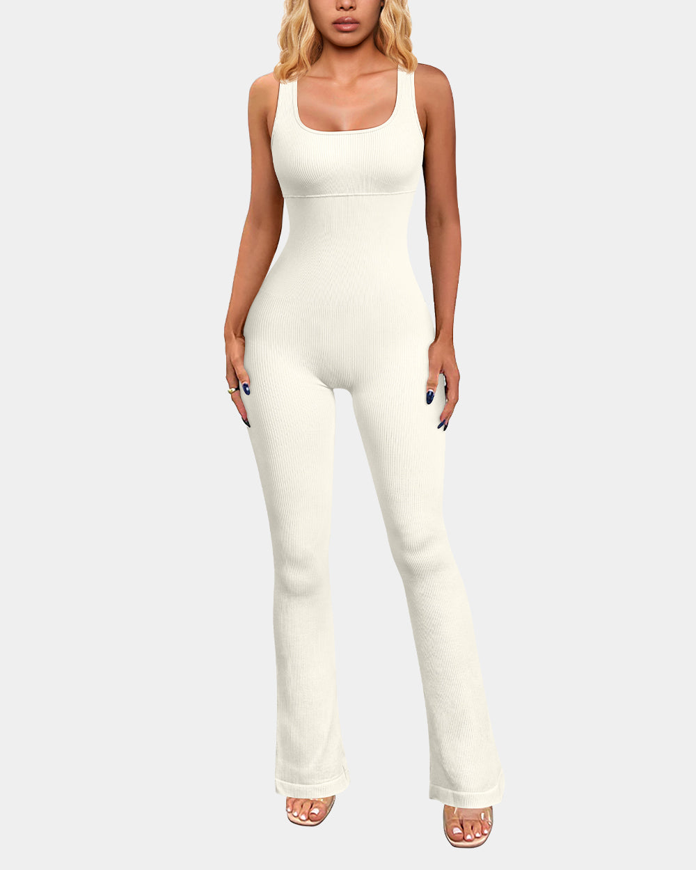 Ribbed Sleeveless Tank Tops Bell Bottoms Flare Jumpsuits de OQQ